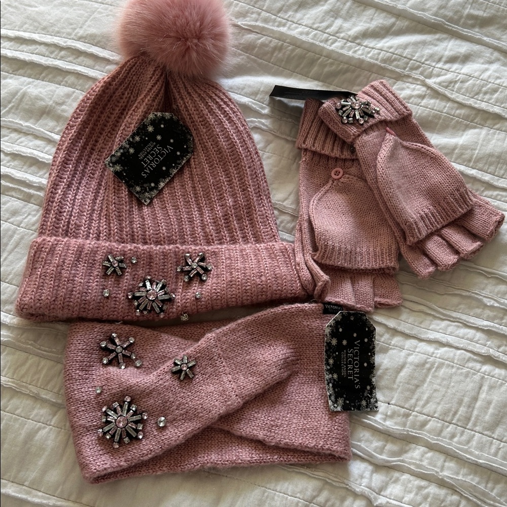 Embellished  Knit Beanie, Headband, and Gloves Set